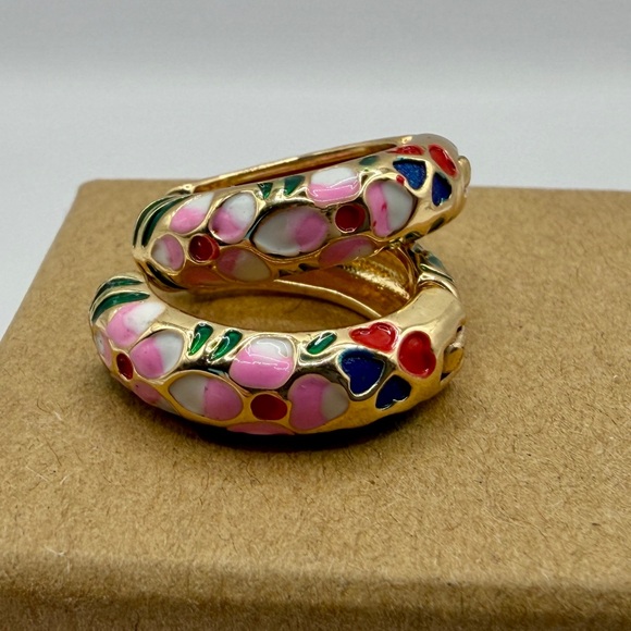 Enamel Vintage Boho inspired Floral Huggie Hoop Earrings for Pierced Ears - Picture 6 of 8